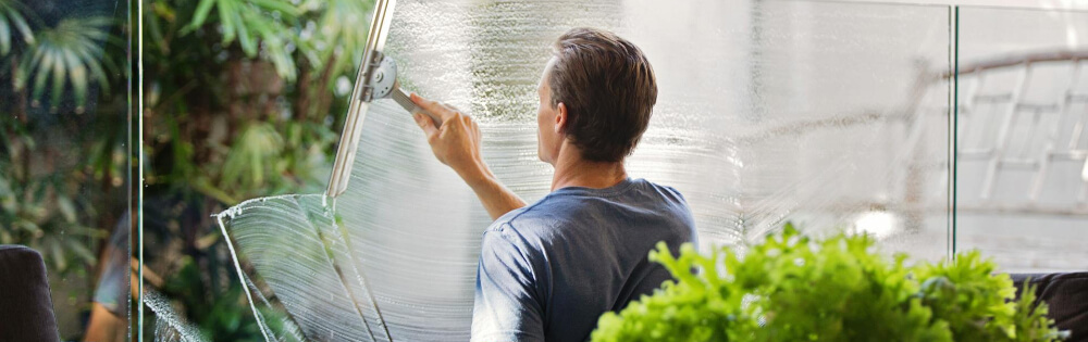 Eine Person reinigt ein großes Fenster mit einem Fensterreiniger, während Pflanzen im Vordergrund sichtbar sind.